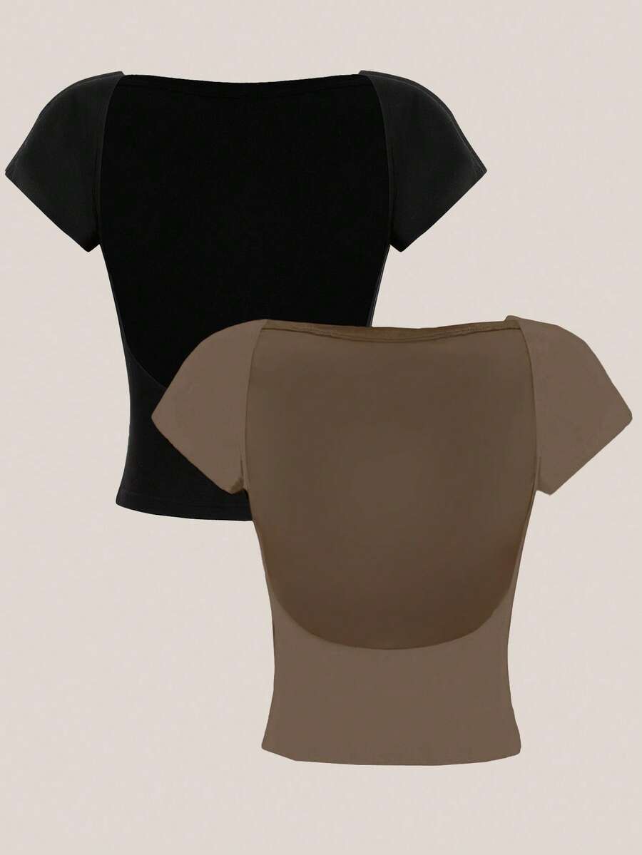SHEIN EZwear 2件套露背黑色圆领短袖紧身露脐T恤,女士款,适合夏季穿着 - 彩色 - 查看 1