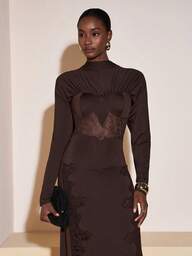 Zivah Herfst/Winter 2025 Nieuwe collectie Muziekfestival, Pasen, St. Patrick's Day, Western, Nomadisch, Verjaardagsfeestje, Afstuderen, Collegestijl, Student, Dagelijks Casual, Basic Veelzijdig, Vrije tijd, Cruisereizen, Strand, Zonnebaden, Viral, Streetwear, Bruiloftsgast Boho, Forenzen, Brunch, Luchthaven, Y2K, Vintage Distressed Ronde Hals Lange Mouwen Ruffle Kant Patchwork A-lijn Maxi-jurk - Bruin