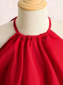 SHEIN Young Girl Woven Solid Color Ruffle Hem Sleeveless Dress, Formal Wear, Christmas, Sister And Me, Mom And Me, Suitable For Party, Christmas Girl Dress, Autumn/Winter Girl Dress - Red - View 5