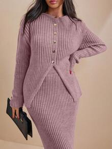 EURMUSE 女士纯色前开襟罗纹针织开衫和毛衣裙套装 - 紫丁香色 - 查看 2