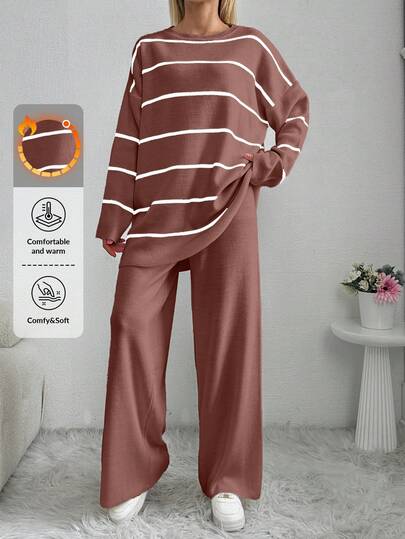 EURMUSE Women's Contrast Color Pattern Casual Long Sleeve Sweater And Solid Color Pants 2 Pieces Set