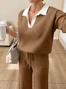 WOMEN SOFT TOUCH POLO NECK SWEATER AND SWEATER PANT Two Pieces OUTFİT CO-ORDS COOL - Camel - View 7