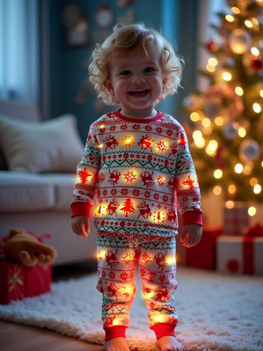 2 件套可爱卡通圣诞图案针织紧身休闲睡衣套装，适合男婴和女婴，中性婴儿服装，婴儿冬装，爸爸和我搭配的服装（3 套单独出售） - 彩色 - 查看 1