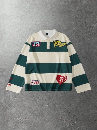 ROMWE MEN Prep Áo thun nam tay dài họa tiết sọc Colorblock thường ngày, mùa thu