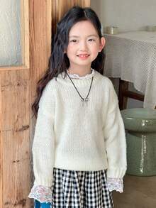 Dazy Kids Maglione a maniche lunghe con collo rotondo, con inserti in pizzo, per ragazze, autunnale - Beige - Visualizzare 6
