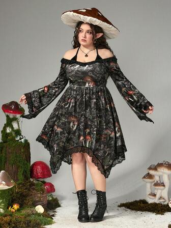 Goth Mushroom & Plant Pattern Velvet & Lace Patchwork Off Shoulder Asymmetrical Hem Plus Size Women Flare Sleeve Dress