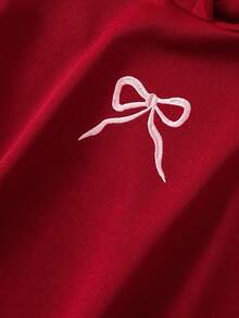 少女休闲可爱粉色蝴蝶结刺绣卫衣 - 酒紅色 - 查看 4