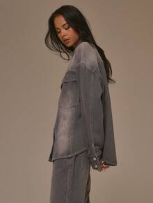 MUSERA Seam Detail Washed Denim Shirt Jacket Cool Girl Streetstyle Cute Fall Autumn Winter Spring Summer - Dark Grey - View 3