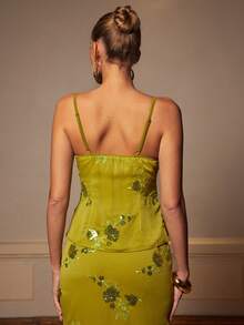 Silquee Camiseta de tirantes elegante con flores de lentejuelas para mujer - Verde - Ver 2