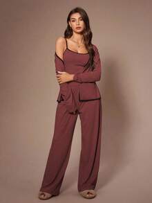 Lazeform 3 pièces Ensemble de tenue de détente femme avec haut ajusté à manches longues de couleur unie, débardeur et pantalon. Vêtements d'automne et d'hiver