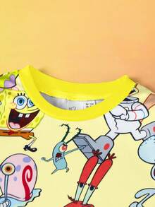 SpongeBob SquarePants | SHEIN 2pcs/Set Young Boy Cartoon Pattern Crew Neck Long Sleeve Top And Pants Knit Casual Stretchy Pajama Set - Yellow - View 4