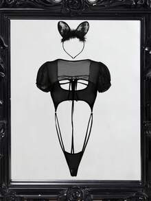 Fantasy Costume Women's Sheer Sexy Black Short Sleeve Costume - Black - View 2