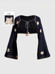 Hippie Plus Size Vintage Astrology Star Pattern Cropped Long Sleeve Knit Cardigan, Autumn/Winter
