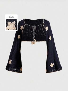 Hippie Plus Size Vintage Astrology Star Pattern Cropped Long Sleeve Knit Cardigan, Autumn/Winter