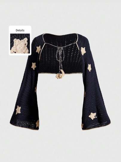 Hippie Plus Size Vintage Astrology Star Pattern Cropped Long Sleeve Knit Cardigan, Autumn/Winter