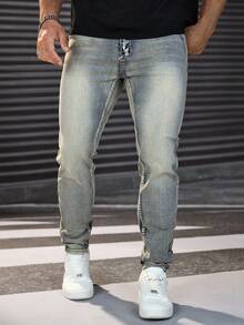Manfinity Homme 男士口袋紧身休闲百搭牛仔裤 - 淺色水洗藍 - 查看 3