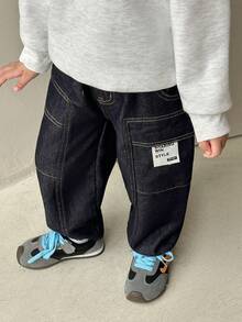 Genkimix Kids 男童休闲水洗深蓝色工装牛仔裤，儿童时尚必备单品 - 深色水洗藍 - 查看 3
