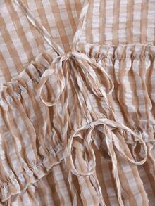 CosyJoli Plus Size Women Plaid Front Tie Lantern Sleeve Ruffle Hem Shirt - Apricot - View 4