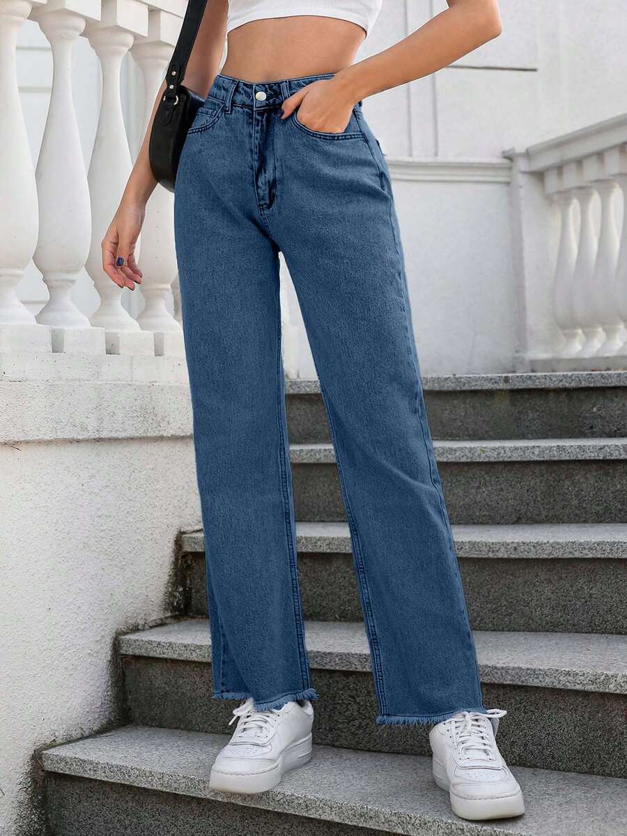 EURMUSE 100%Cotton High Waist Straight Leg Jeans - Medium Wash - View 1