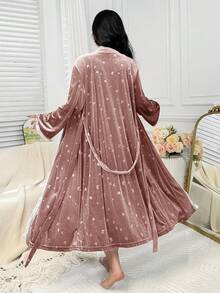 Dazy Plus Plus Size Women Elegant Velvet & Contrast Lace Long Tie-Waist Robe, Thick Warm Loungewear For Autumn/Winter - Pink - View 2