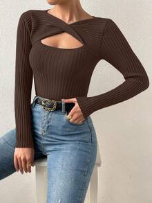 Lumivelle Suéter de manga larga minimalista y calado de unicolor para mujer, para uso diario - Café integral - Ver 3