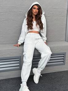 SHEIN Unity 素色落肩袖短款連帽衫&翻蓋口袋衛褲 - 淺灰色 - 查看 5