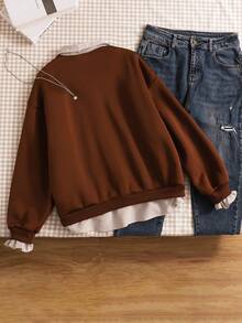 Teen Girl Casual Pullover Sweatshirt, Versatile For School & Commute, 2 In 1 Sweatshirt With Shirt Collar, Numeric & Letter, Leopard Print Pattern, Loose Fit - Brown - View 2