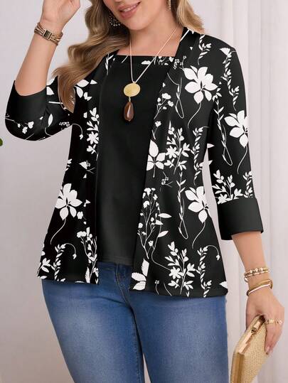 EMERY ROSE Plus Size Black Floral Print Long Sleeve T-Shirt