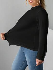 SHEIN CURVE+ The Plus Size Women's Two Pieces High Neck Tight Fitting Long Sleeved Base T-Shirt Set Is Suitable For Autumn And Winter. Two Pieces Set Of Black And White T-Shirts - Black - View 4