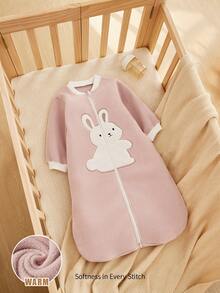 Cozy Pixies 一件式保暖抓绒刺绣大兔子长袖睡袋，适合婴幼儿，秋冬春夏四季穿着 - 暗粉 - 查看 1