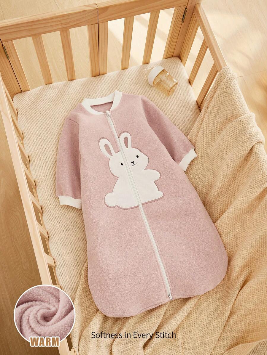 Cozy Pixies 一件式保暖抓绒刺绣大兔子长袖睡袋，适合婴幼儿，秋冬春夏四季穿着 - 暗粉 - 查看 1
