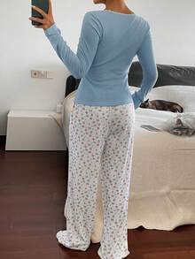 DAZY 女士碎花修身上衣和睡裤套装，秋冬款 - 藍色 - 查看 2