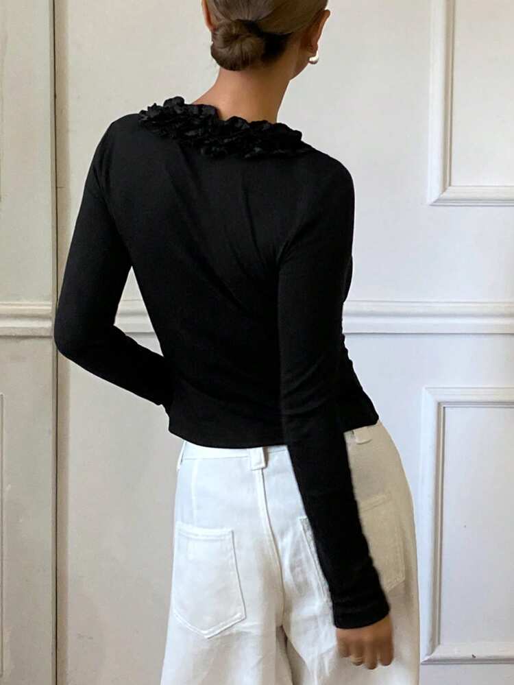 Women's Solid Color Thermal Lined V-Neck Long Sleeve Fitted Base Layer Top, Elegant For Autumn/Winter