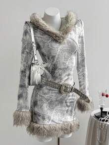 SHEIN Unity Đầm ngắn cổ lọ in họa tiết lá xám, phong cách tối giản, phù hợp mặc mùa thu/đông, thường ngày, đi học, tốt nghiệp, dạo phố cổ điển, giải trí, thể thao, mặc nhà - Xám - Xem 4