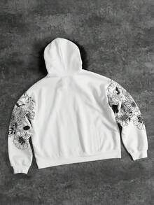 ROMWE MEN Street Life Men's Skull & Floral Printed Hoodie - White - View 2