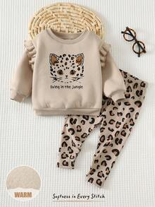 Cozy Pixies 2pcs Baby/Toddler Girls' Cartoon Animal Leopard Cat Print Knit Soft Round Neck Long Sleeve Ruffle Trim Sweatshirt And Elastic Waist Leggings Set, Cute Outfit For Casual, Outdoor, Holiday, Party - Multicolor - View 3