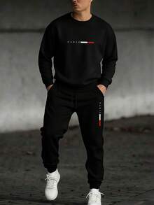 Manfinity Homme 男士经典红白黑条纹巴黎风圆领上衣和束口运动裤套装，百搭休闲时尚黑色圆领卫衣和运动裤两件套，休闲时尚套装，适合冬季，带保暖内衬 - 黑色 - 查看 1
