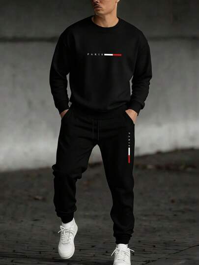 Manfinity Homme 男士经典红白黑条纹巴黎风圆领上衣和束口运动裤套装，百搭休闲时尚黑色圆领卫衣和运动裤两件套，休闲时尚套装，适合冬季，带保暖内衬