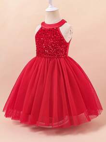 Glamorique Kids 一件红色女童吊带连衣裙，上半身饰有亮片，下半身是蓬松的网纱裙摆，适合表演、宴会和其他正式场合，展现童真和优雅。 - 紅色 - 查看 3