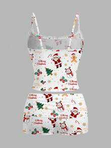 SHEIN EZwear 女士休闲蕾丝吊带背心和短裤两件套，适合圣诞节穿着，圣诞老人印花、圣诞树印花、姜饼人印花 - 彩色 - 查看 2