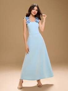 Teen Girl Elegant Minimalist Fashion Sleeveless High Waist Long Solid Color Textured Fabric Blue Maxi Dress With Padded Floral Decor, Suitable For Graduation, Prom, Casual, Vacation - Blue - View 8