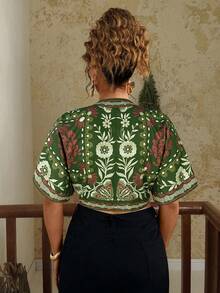 Travachic 大码撞色复古短袖休闲宽松时尚衬衫 - 墨綠色 - 查看 2