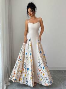 SHEIN Elenzya Spring/Summer New Elegant Women's Apricot Long Floral Print Spaghetti Strap Maxi Dress, Casual Vacation Beach Swing Dress, Solid Color Floral Patchwork, Suitable For Valentine's Day, Dates, Gatherings, Parties