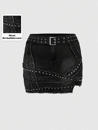 Grunge Punk Grunge-Punk Vintage Patch ausgefranster Niet gewaschener Jeans Damen Rock in Große Größen, Hippie Herbst/Winter Große Größen Metall Ösen Taillengürtel Patch ausgefranste Design kantige sexy Damen Mini Denim Rock