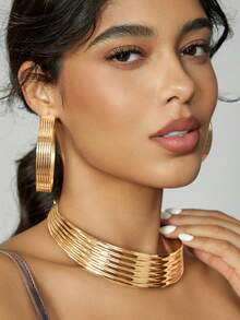 CUCCOO SZL 3 件套时尚几何金属风格金色夸张颈链和耳环套装 - 金黃色 - 查看 4