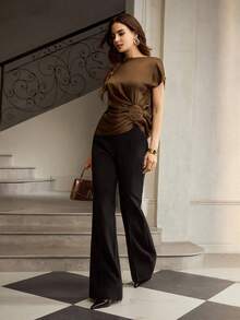 ZEYLAH Women's Silk Bat Sleeve Blouse With Waist Ruching, Elegant And Versatile - Brown - View 5