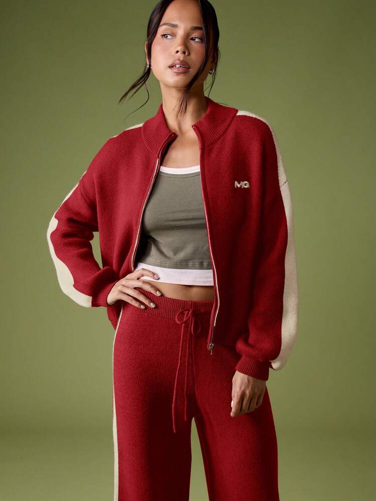 MISSGUIDED Cardigan zippé tricoté avec logo brodé et détails rayés pour un style décontracté en couches, Noël