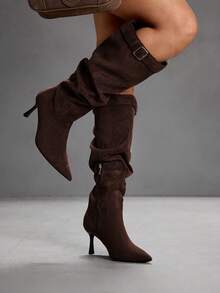 CUCCOO SZL Botas altas hasta la rodilla con puntera puntiaguda, tacón alto y diseño de hebilla - Café integral - Ver 10