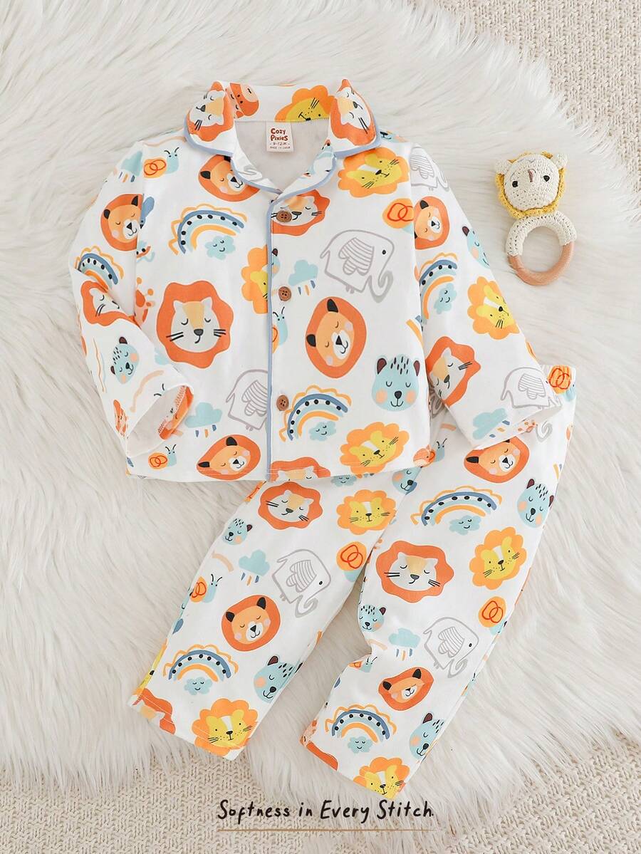 Cozy Pixies 2件套男婴卡通动物印花撞色领长袖开衫和松紧腰裤套装 - 紅色 - 查看 1