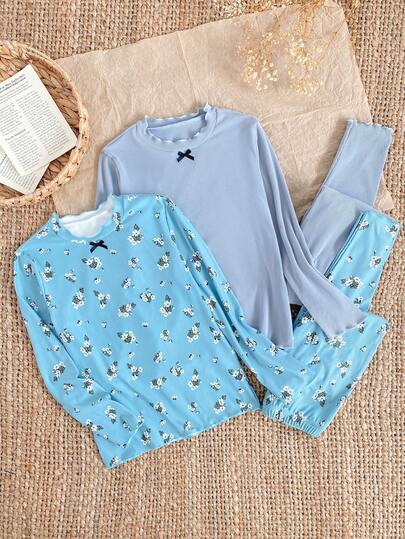 4件套女童内衣套装，荷叶边领口和袖口，简约舒适，适合休闲和居家穿着，浅蓝色系童装，可爱上衣，夏季上衣，蓝色女童上衣